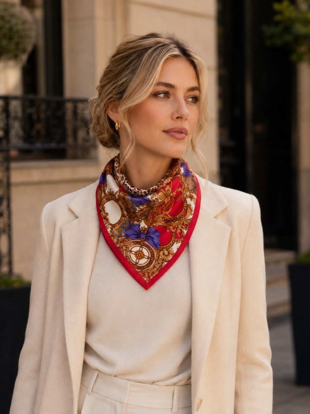 CELINE Paris Baroque Floral Silk-Cotton Scarf – Red, Blue & Gold